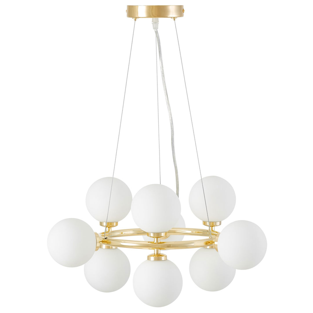 Golden chandelier, white glass balls, classic gold, glamour pendant lamp - MARSIADA - Lumina Deco image 2